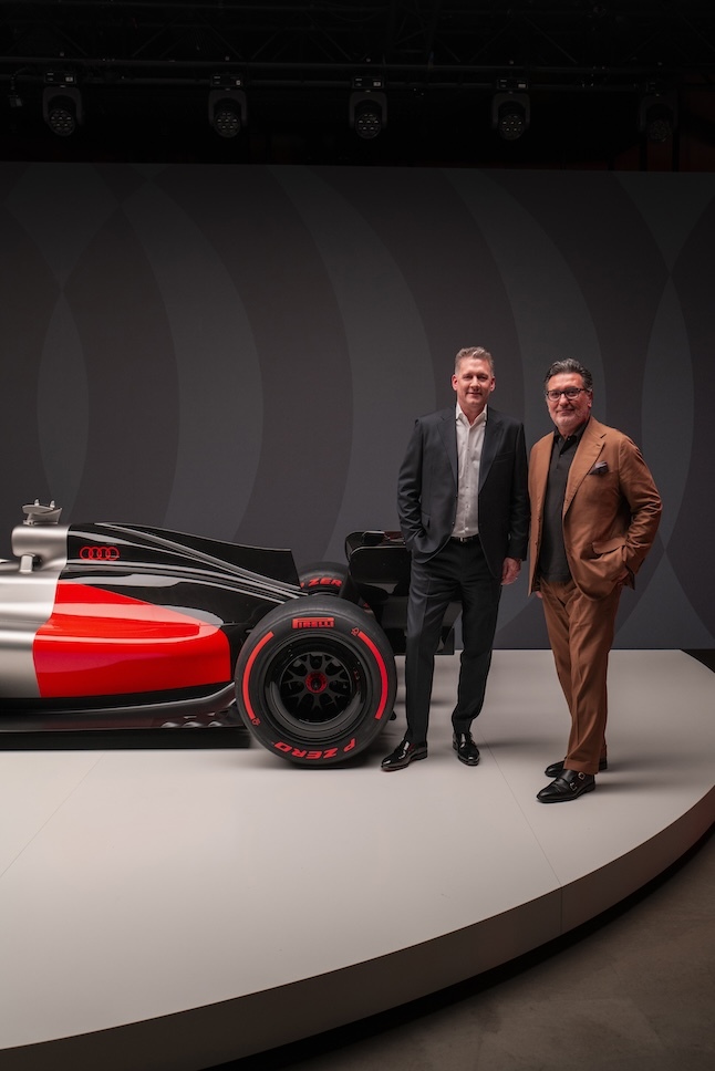 Audi CEO Gernot Döllner (left) and Chief Creative Officer Massimo Frascella at the reveal event “Audi One” in Munich, November 12, 2025